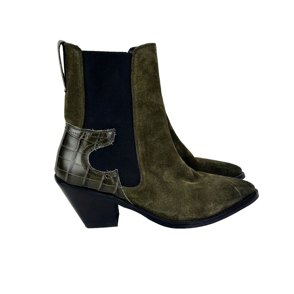 Allsaints Sara Heeled Boots Suede Pull On Chelsea Pointed Toe Khaki Green 41
